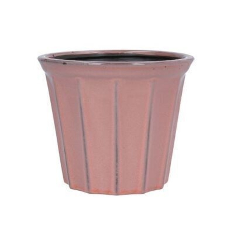 Ceramic ribbed pot cover in coral. The perfect addition to your home or garden for spring. By Gisela Graham.